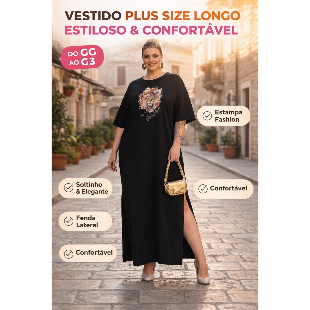 Vestido Plus Size Longo Feminino Soltinho Estiloso Confortável Cristã Evangélico Congresso Luxo + Brinde