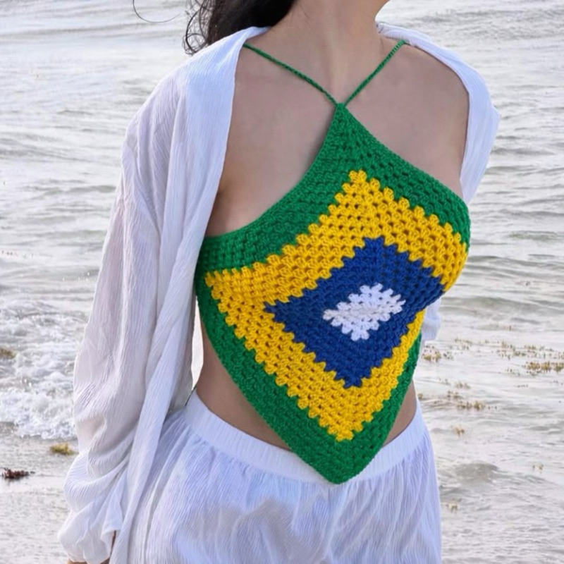 Cropped Square BRASIL de crochê Top tendência verão fim de ano natal novidade tendência copa mundo seleção brasileira