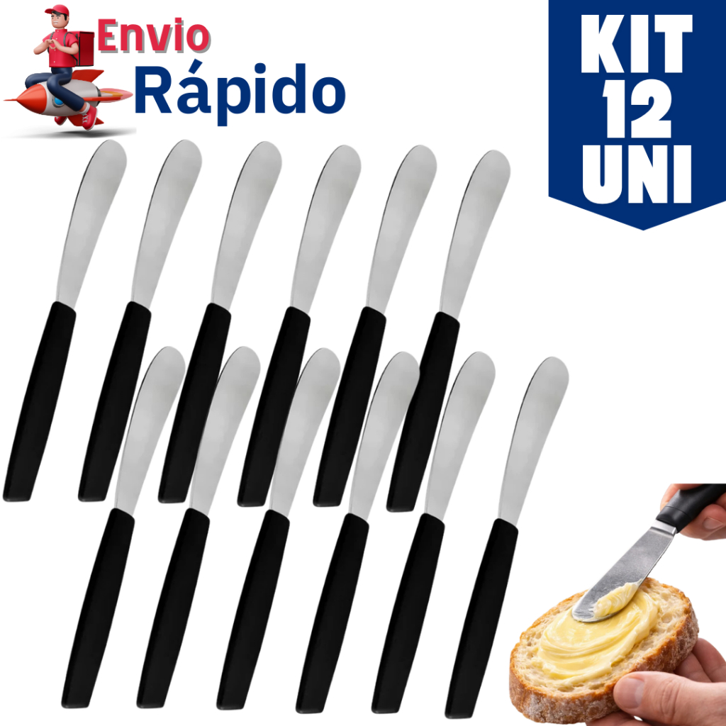Kit 12 ou 6 Espátulas Para Manteigas Requeijão Geleias Patês Premium Inox Cabo Preto Pão Café Cozinha