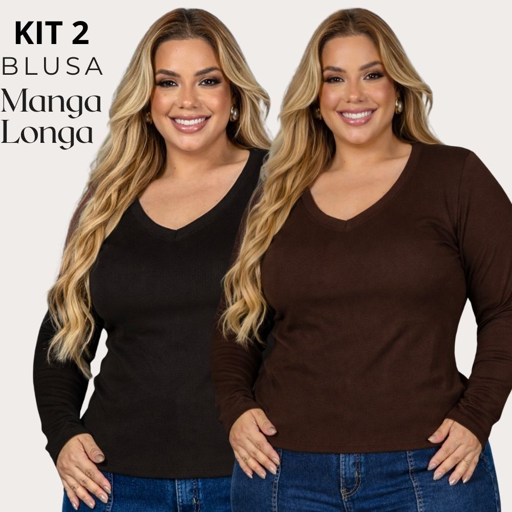 Blusa Feminino Plus Size Manga Longa Kit 2 Segunda Pele Inverno Gola V Confortável Até G4