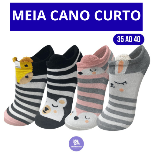 Kit 12,06 ou 03 Pares Meias Soquete Bichinho Adulto Feminina Estampada 35 ao 40
