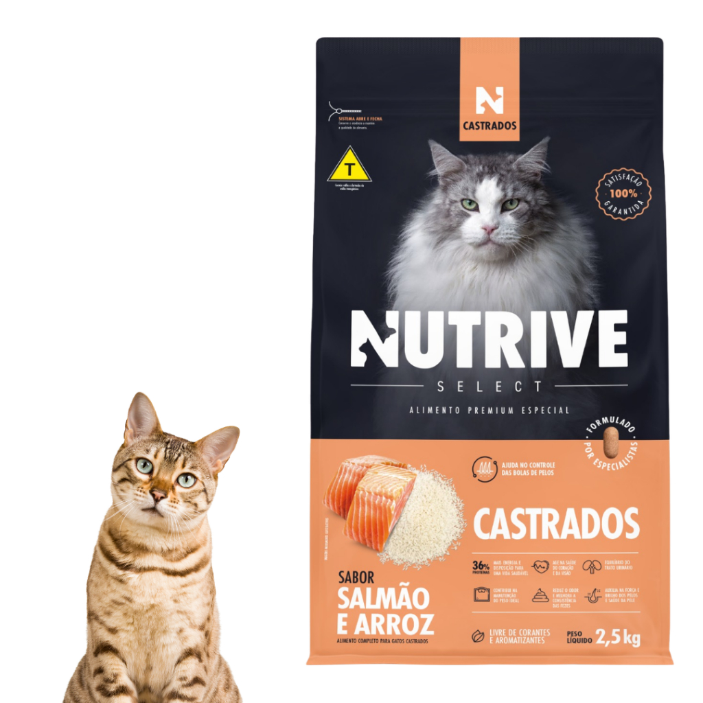 Ração Nutrive Select 2,5kg Para Gatos Castrados Alimento Premium Especial Sabor Salmão e Arroz