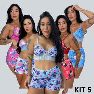 Kit 5 Top Doll Suede Estampado Com Renda Baby Doll Sensual Short Verão