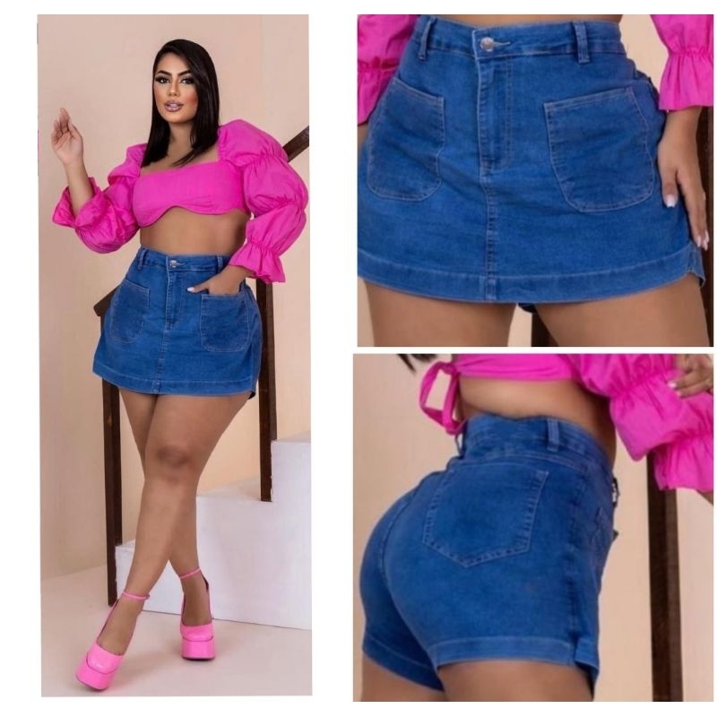 Shorts Jeans Plus Size Short Saia Feminino com lycra Cintura Alta Short Curto Plus Size Mini Saia fashion 48/50/52/54