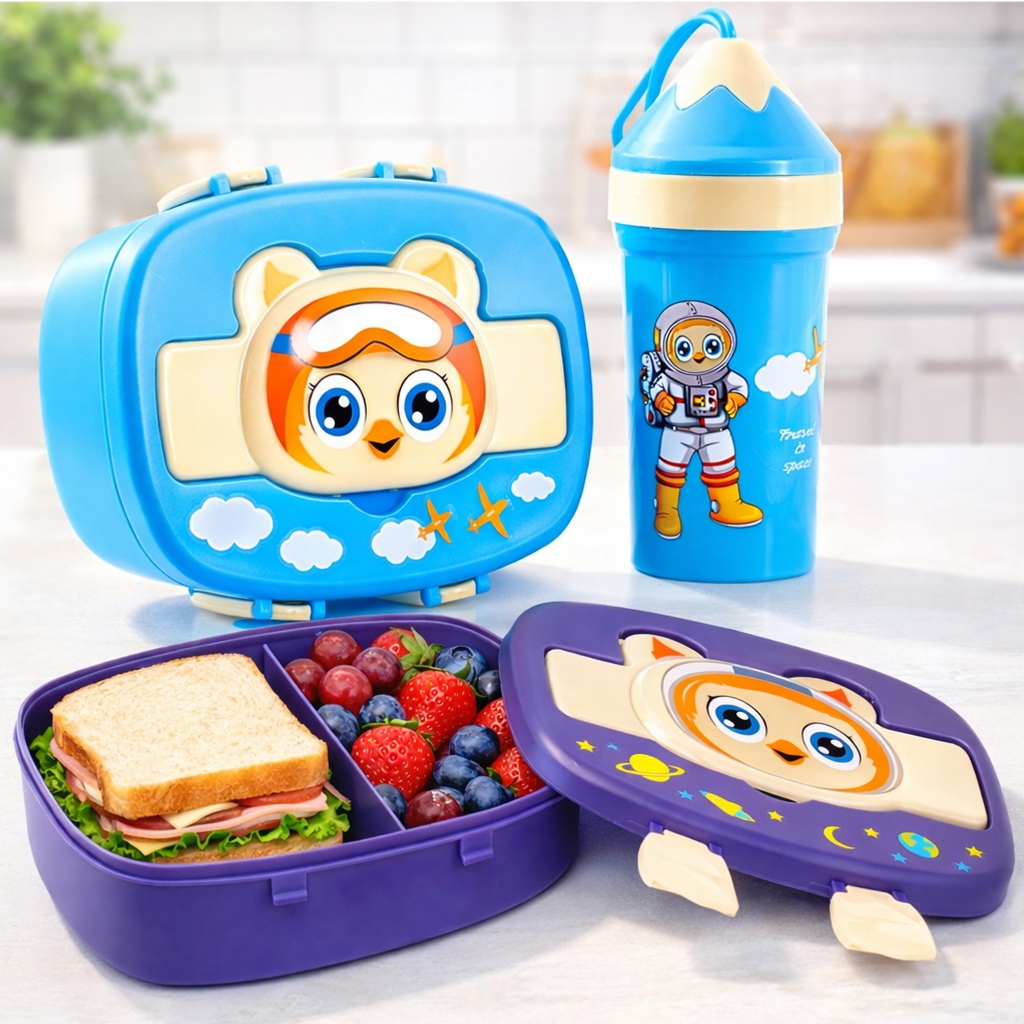 Conjunto Lancheira + Garrafa Marmita Infantil 2 Divisórias Pote Plástico Alça Bento Box Com Talher