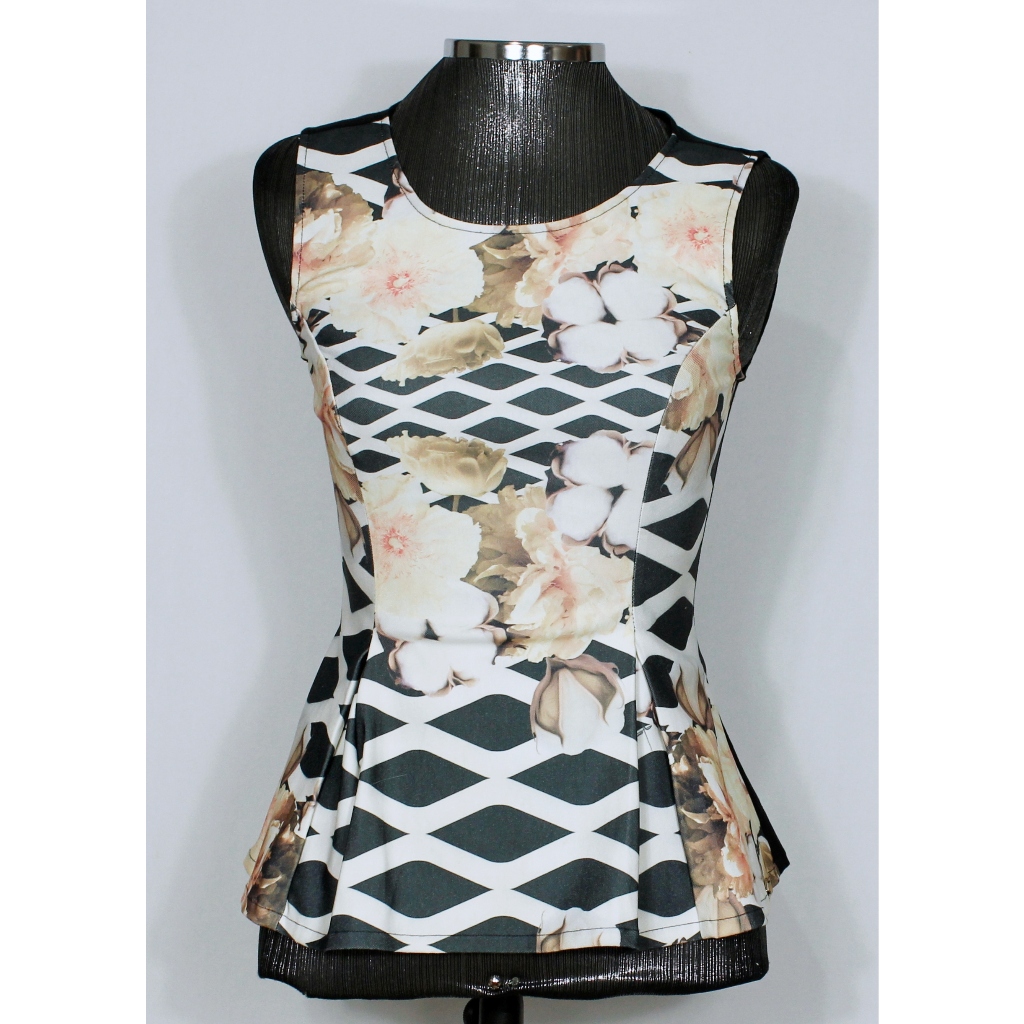 Blusa regata feminina peplum floral e preta lança perfume - Veste P - Ref. 5536 (brechó)