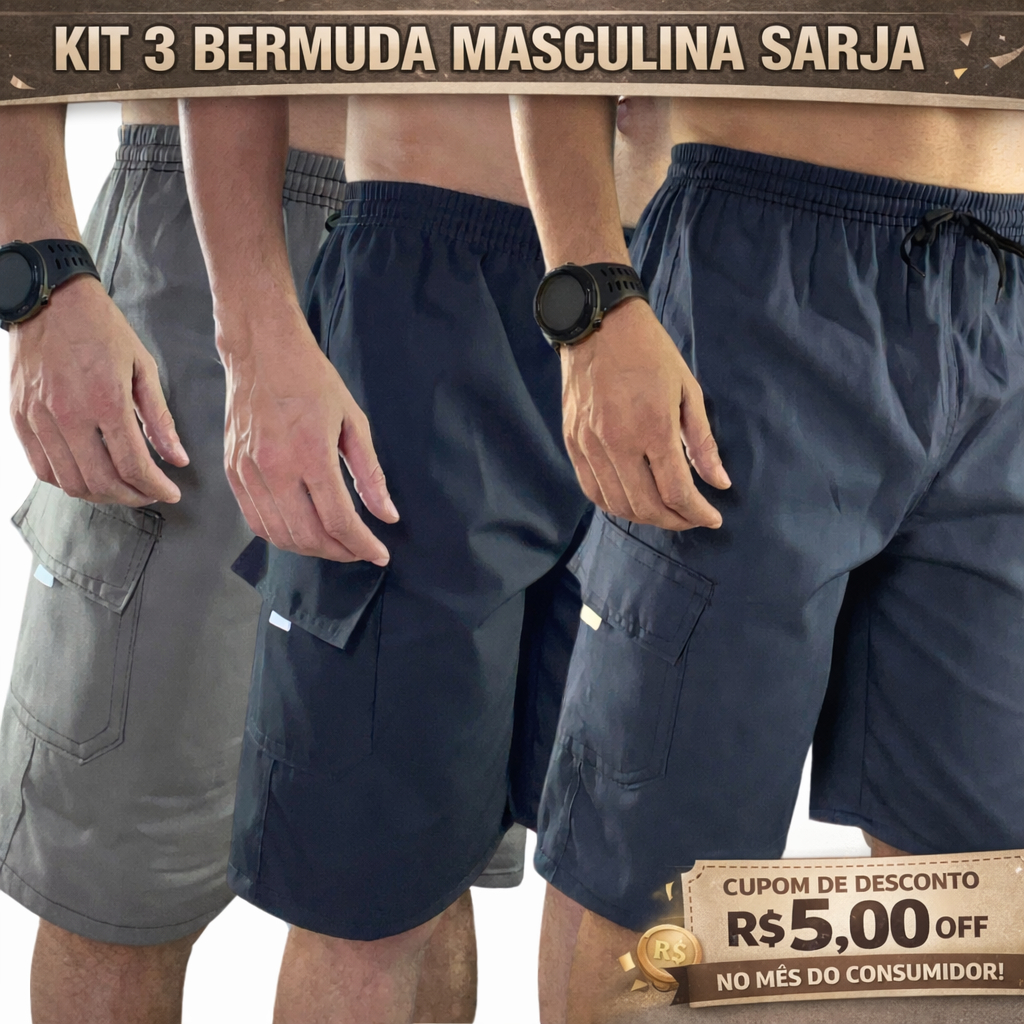 Kit Bermuda Masculina Cargo Brim Short Cargo Cordão Elástico Bermudas Masculinas Trabalho 3 Peças
