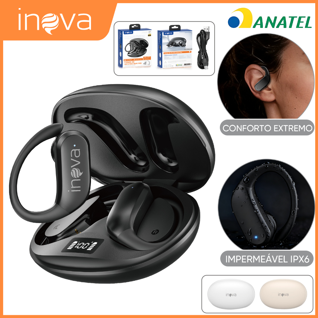 INOVA Fone de Ouvido Aberto com Display 36H Bateria IPX5 Bluetooth 5.4 Compatível Android e iPhone Samsung em Oferta na Shopee
