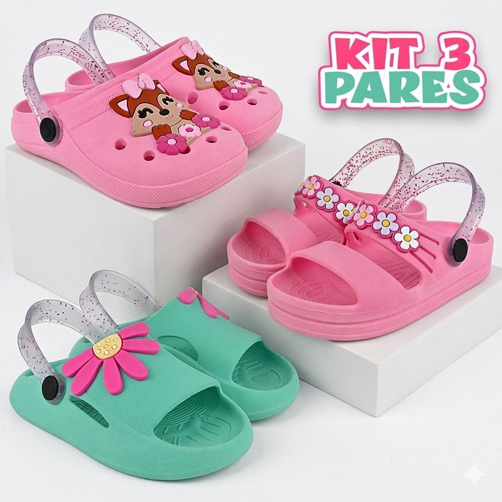 Kit 3 Pares Papete Babuche Sandália Infantil Menina Confortável Anatômica Planeta Kids