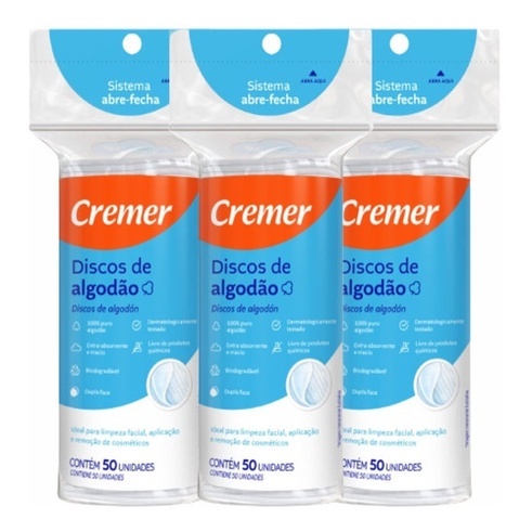 kit 3 Discos Algodão Cremer 50un Dupla Face Limpeza Pele Maquiagem Higiene Facial em Oferta na Shopee