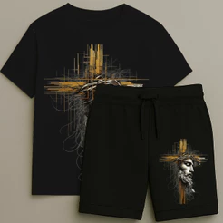Camiseta e Bermuda Jesus Rosto Conjunto Masculino T-shirt Estampa Shorts Blusa Do Tamanho 2 ao 16