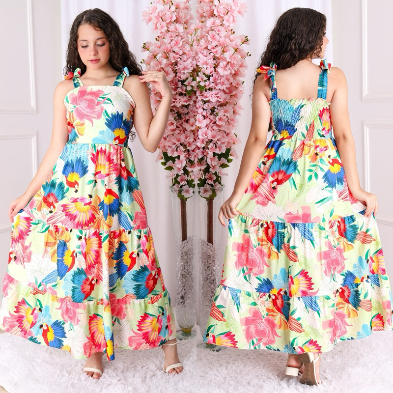 VESTIDO LONGO MANGA REGATA ESTAMPADO ALÇA ALCINHA INFANTIL JUVENIL PRINCESA LAXTEX BUFANTE BABADINHO ADOLESCENTE