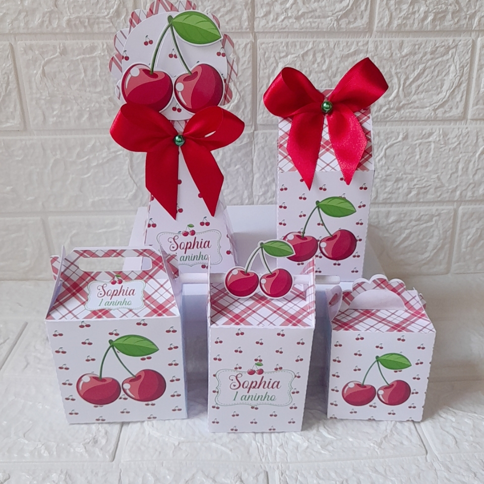 Kit Caixas Personalizadas Cerejinha Pegue e Monte Lembrancinha Festa Infantil Cerejinha Caixinha Mimo