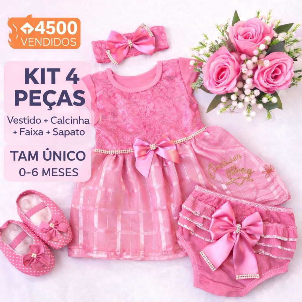Vestido Bebê Luxo Renda Princesa Batizado Festa Aniversário Kit 4 Peças ou Vestido 0-6 Meses em Oferta na Shopee