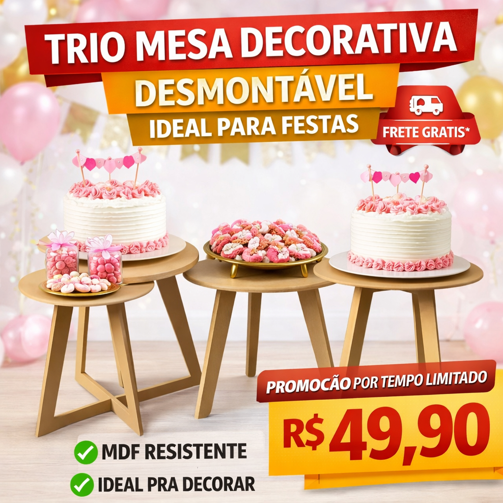 Kit 3 Mesas Triângulo MDF Desmontável Mesa Doce Festa Infantil Decoração Provençal Mesa Decorativa Eventos Mesa G M
