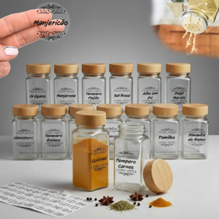 Potes Tempero De Vidro 120ml com 50 Etiquetas e Tampa Bambu em Oferta na Shopee