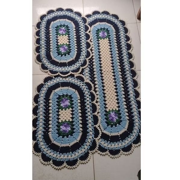Kit de passadeira 3pcs em crochê Luxo kit 2 tapetes e 1 mega passadeira