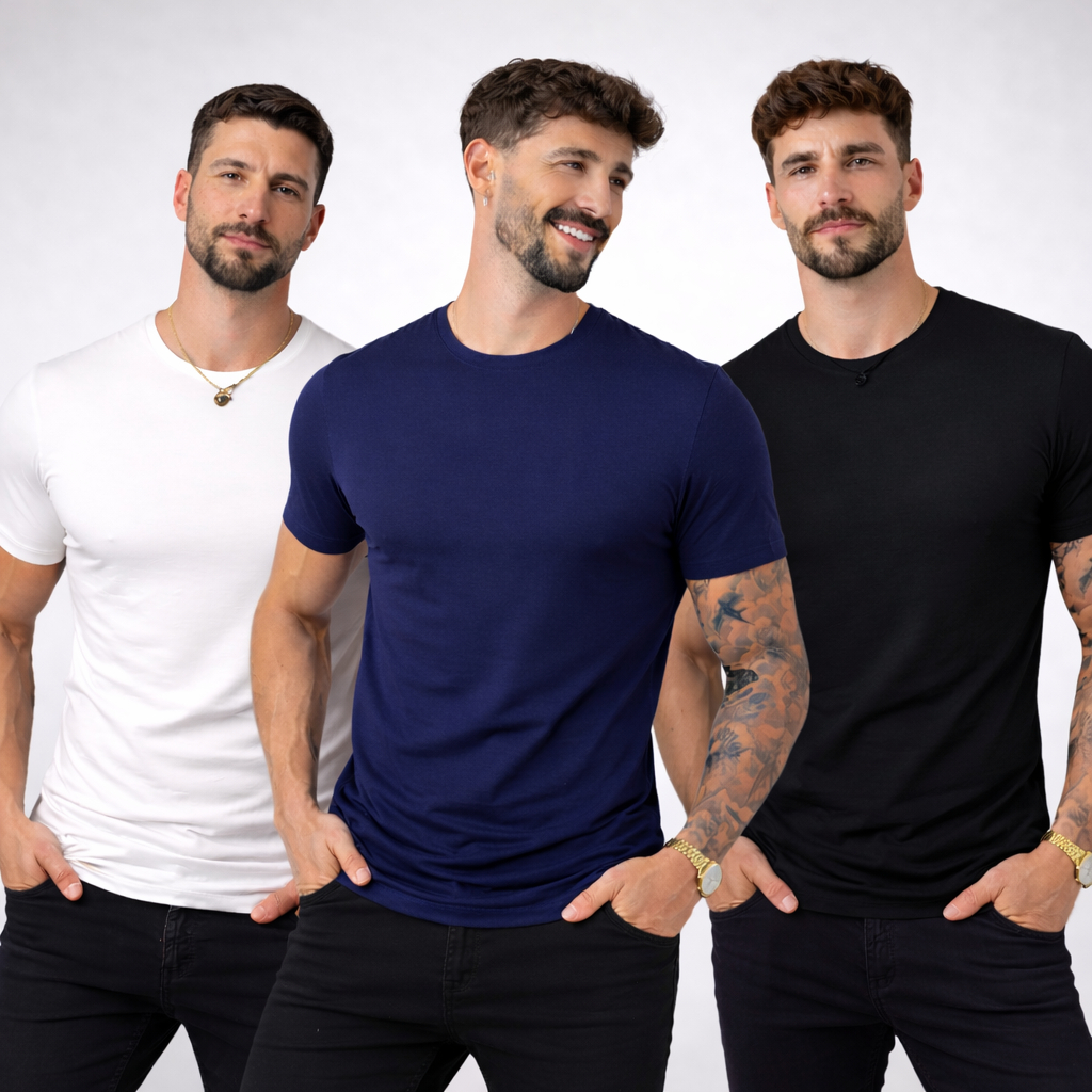 Camiseta Básica Masculina Algodão Lisa Malha Lisa Peruana Premium KIT 1/2/3