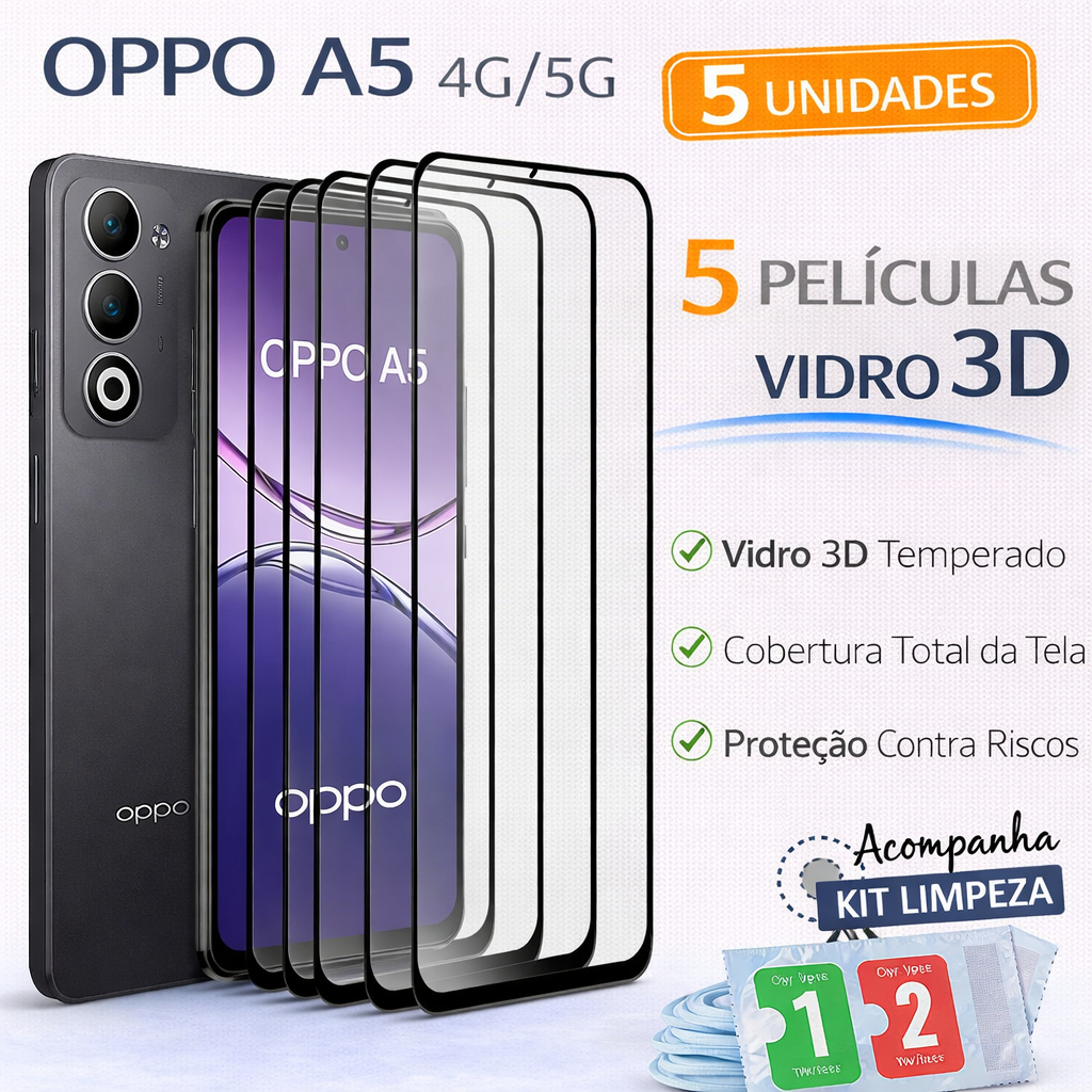 Kit 5 Películas de Vidro 3D Para Oppo A5 4G/5G Acompanha Kit Limpeza