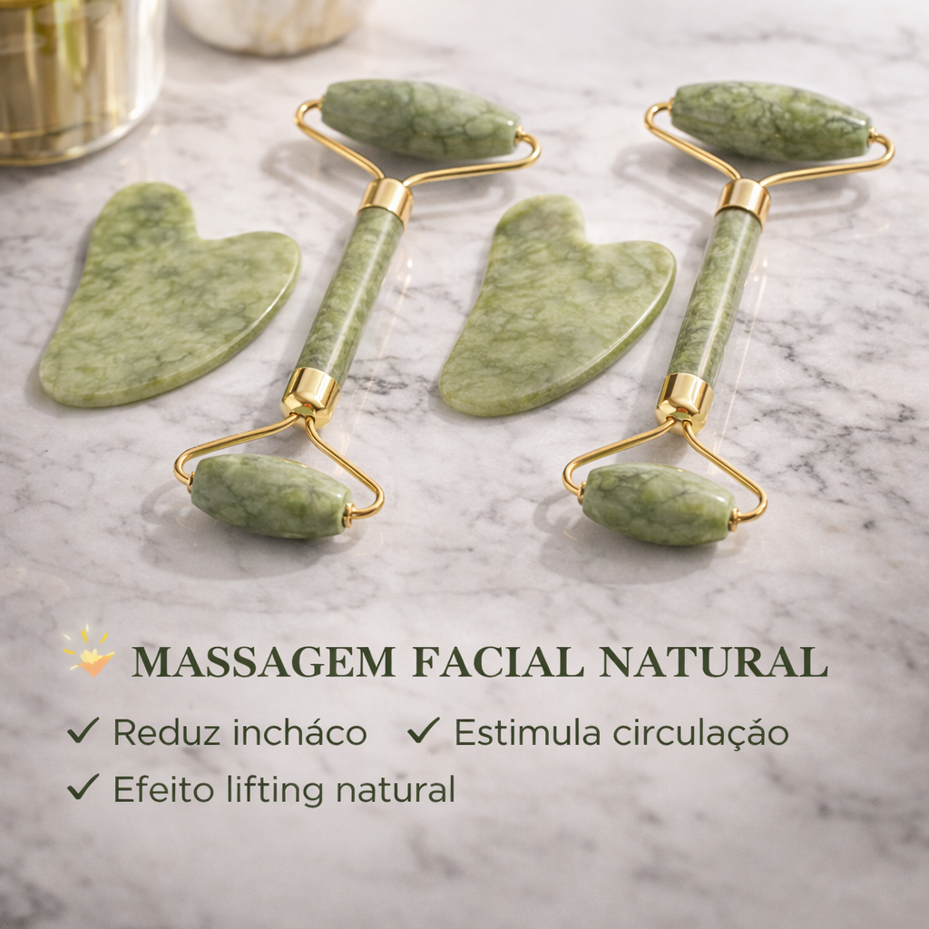 Kit 2 Rolo Pedra de Jade Massagem Facial Massageador Anti Ruga Placa Guasha Verde Rolinho Geladinho