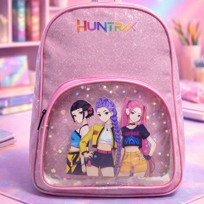 Mochila Huntrix Femenina Infantil para Passeios com Design Exclusivo e Visor Transparente com Glitter