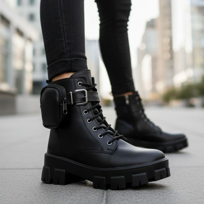 Coturno Feminino Bota Feminina Solado Tratorado Estilo Militar Com Bag Bolsinha Removivel