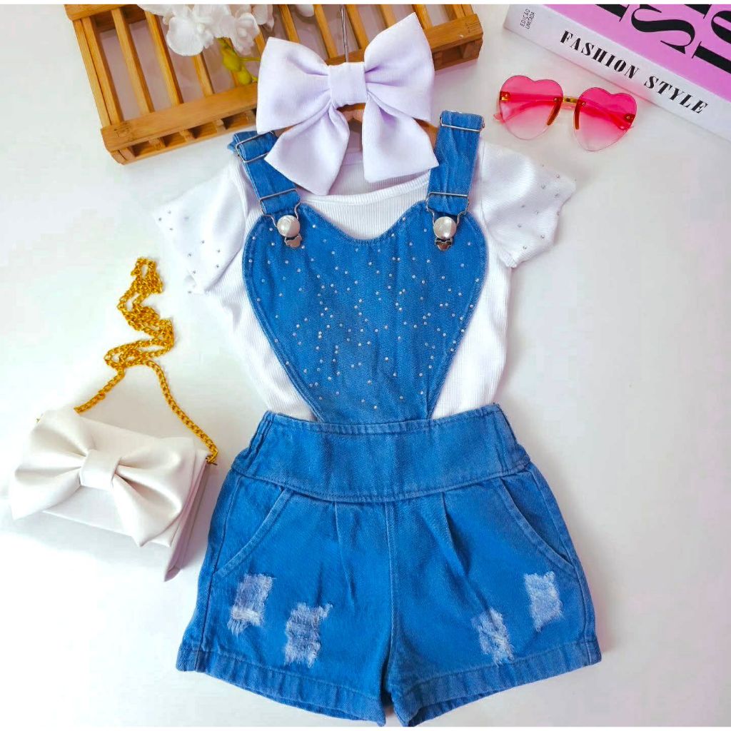 Conjunto Infantil Jeans Jardineira C/Blusa Menina Blogueirinha Estilosa  Macaquinho Short Fashion