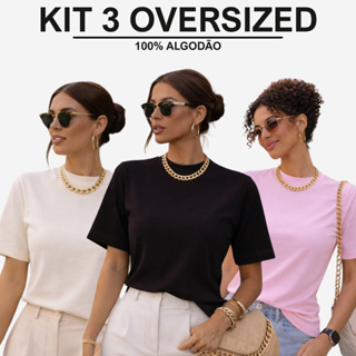 Kit 3 ou 1 Camiseta Oversized Feminina 100% Algodão Gola Alta Básica Moda Blogueira Dia a Dia em Oferta na Shopee