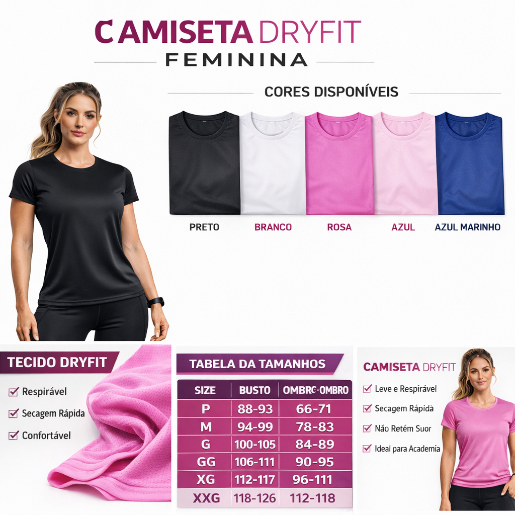 Camiseta Feminina Academia Dry Fit Poliamida UV50 Fitness Treino Respirável