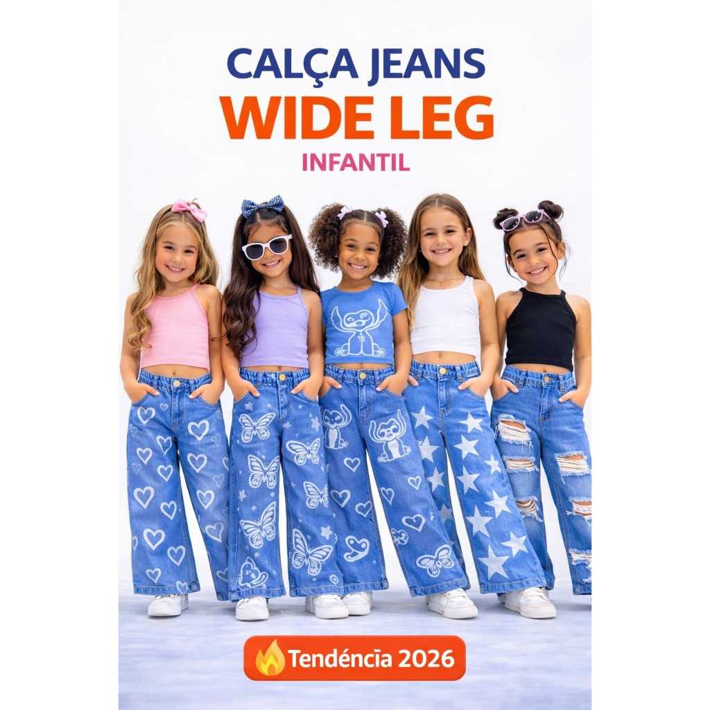 Calça Wide Leg Infantil Jeans Estampada Stitch Coração Borboleta Estrela Destroyed  menina Moda Blogueirinha em Oferta na Shopee