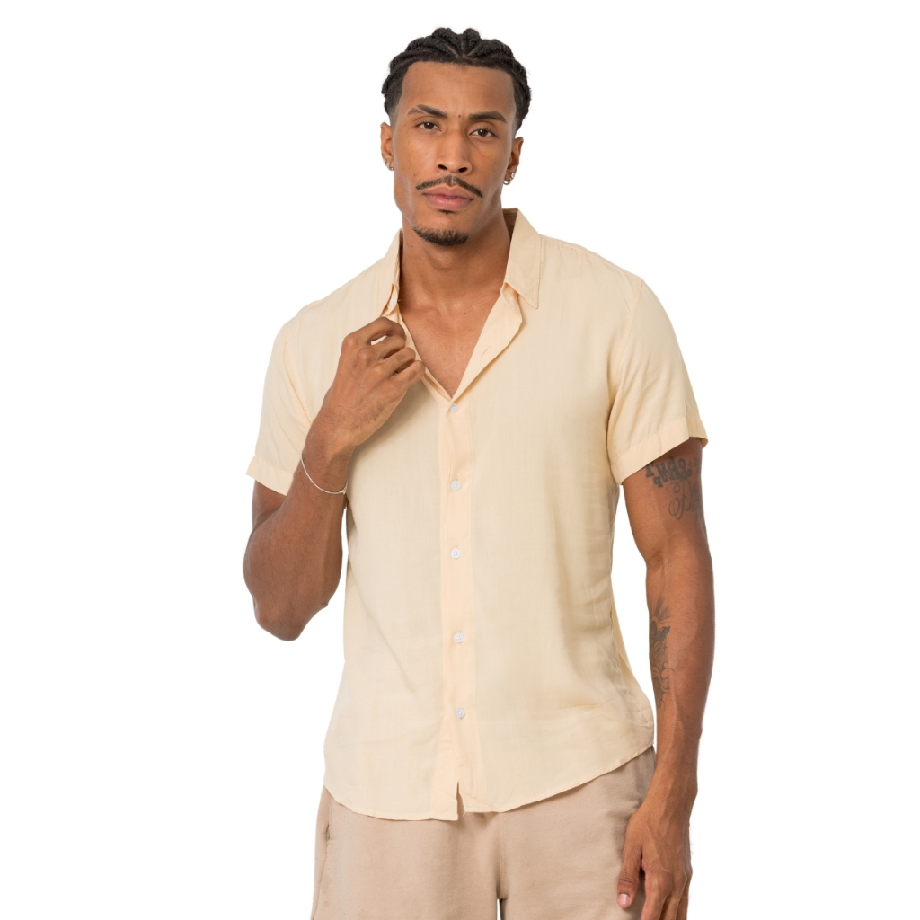 Camisa Social Masculina Slim Fit com Viscose +Elastano – Manga Curta e Sem Amassados
