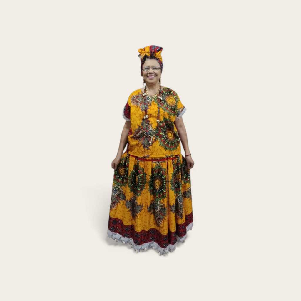Conjunto Feminino Saia + Bata + Pano de cabeça- Estampa Africana em Ankara