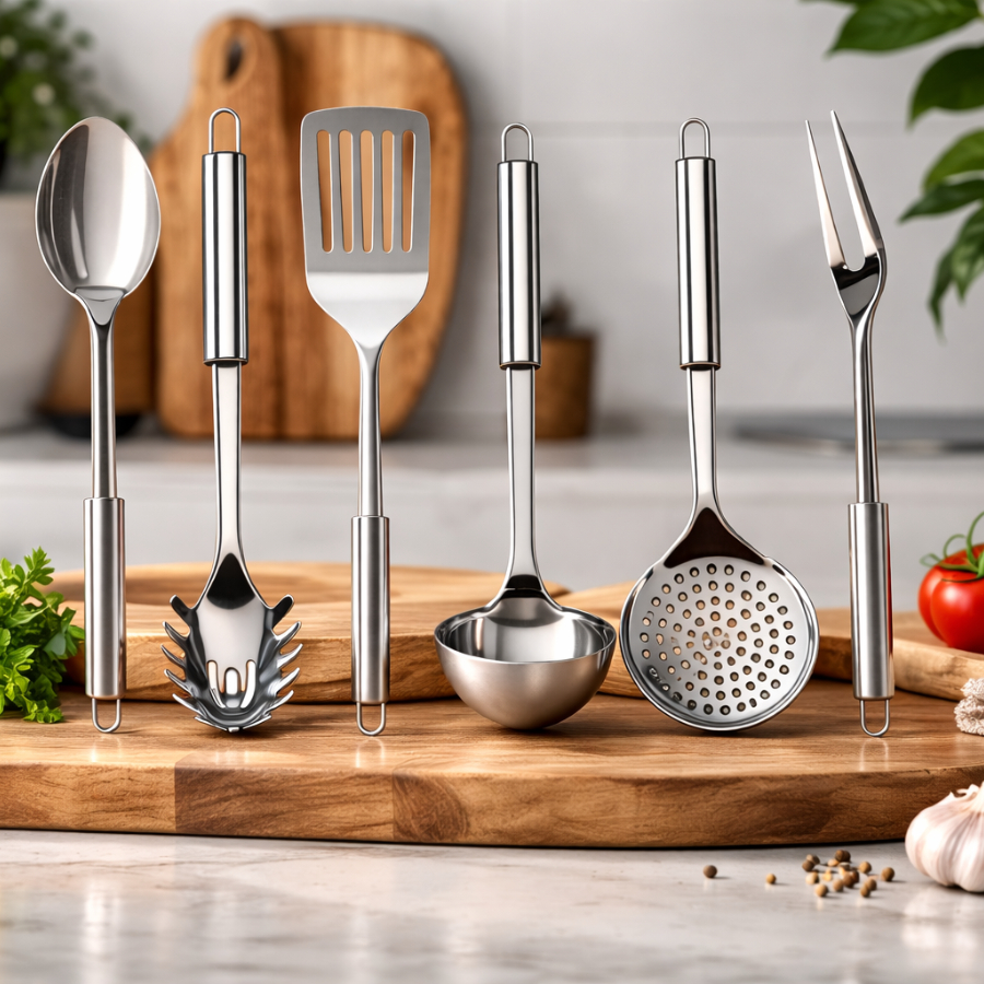 Kit 6 Utensílios de Cozinha em Aço Inox Escumadeira Concha Colher Arroz Pegador Massa Garfo Trin em Oferta na Shopee