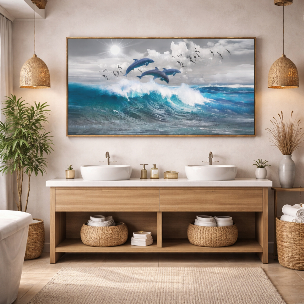 Quadro Decorativo Ondas do Mar E Golfinhos Nadando MDF Grande 1 Peça Decoração Sala Quarto Hall