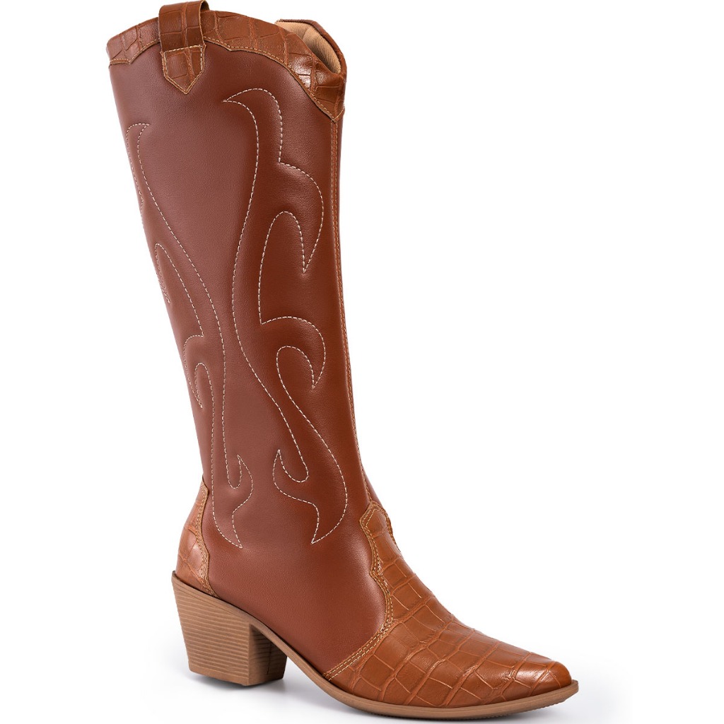 Bota Feminina Lumiss Country Western Texana Salto Grosso Bico Fino Confortável Croco Marrom Caramelo