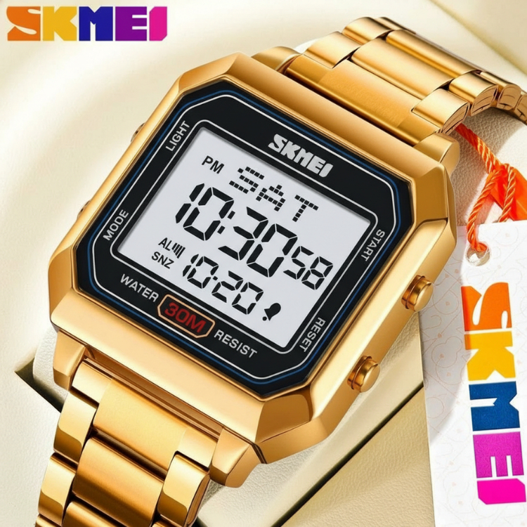 Relógio Skmei 2149 Digital Dourado Luxo Aço Inoxidável Quadrado Original Cronômetro Alarme Social