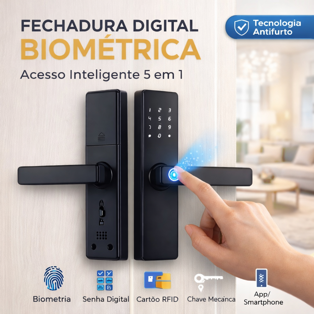 Fechadura Eletrônica Digital 5 em 1 Com Biometria, Bluetooth, Senha Touch, Chave e Tag