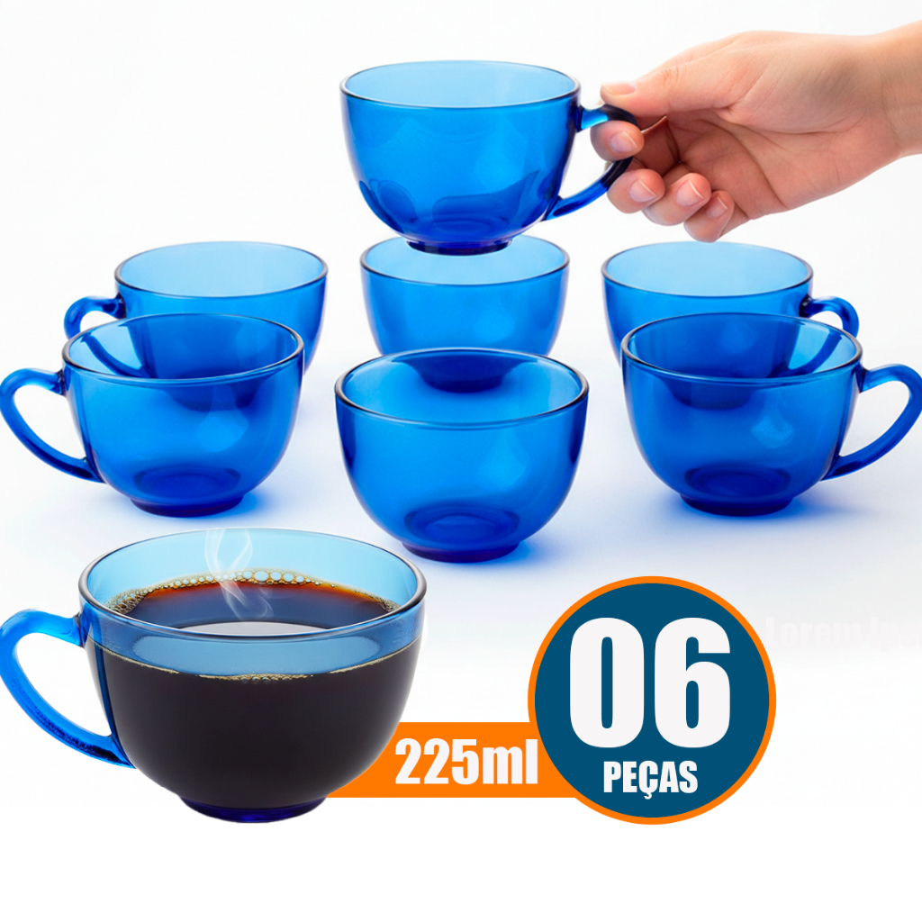 Kit Jogo 6 Xícaras de Chá e Café Vidro Azul Oceano 225ml – Modelo Pera Grande Sem Pires em Oferta na Shopee