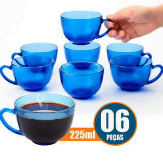 Kit 6 Xícaras de Vidro Azul Oceano 225ml Pera Grande Chá Café Cappuccino