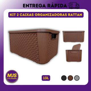 2 x Caixa Organizadora Rattan 13 Litros Cesto Organizador Plastico Multiuso Com Tampa Empilhavel 13L