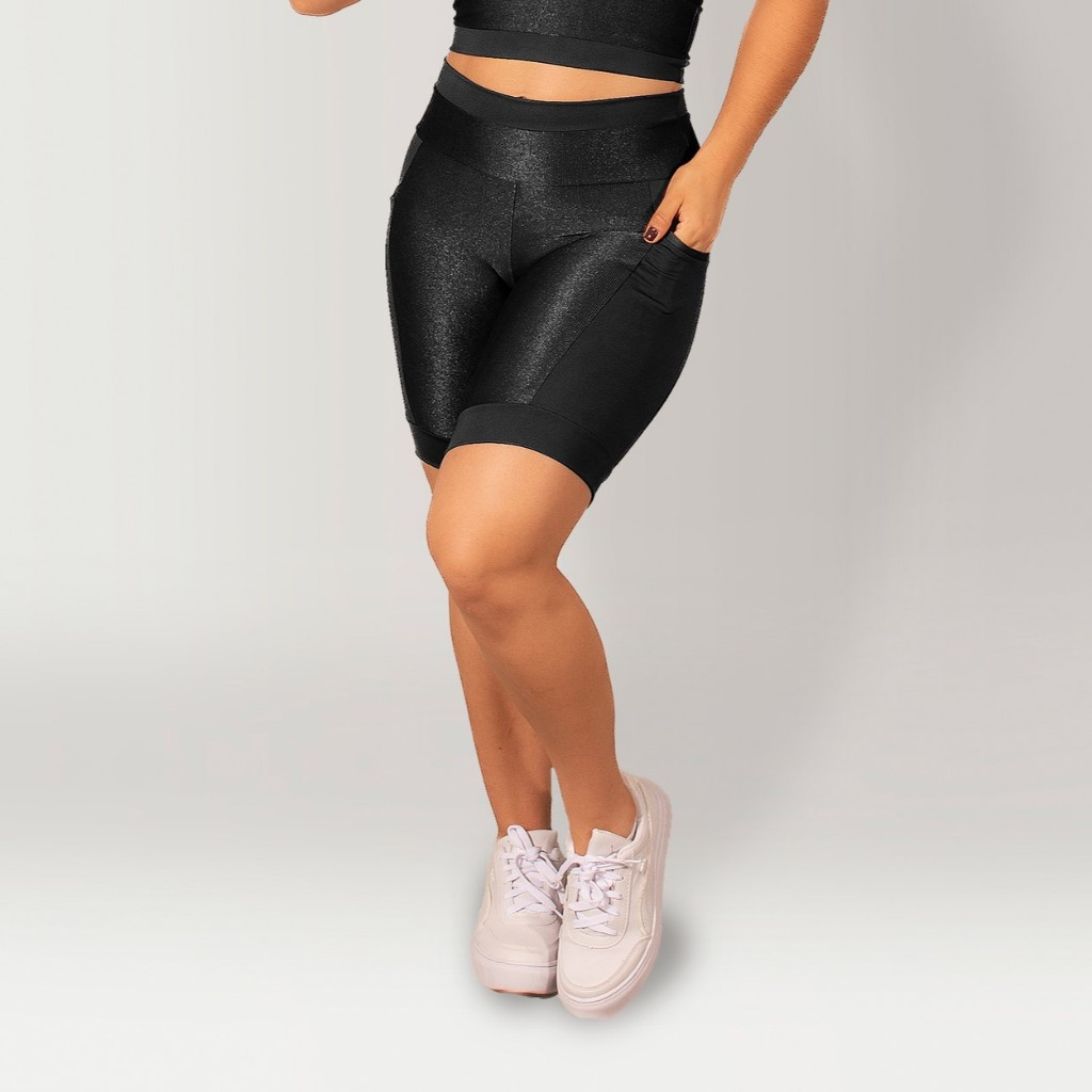Bermuda Com Bolso Poliamida Canelada Feminina Fitness Zero Transparência
