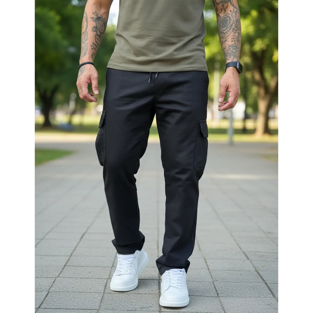 Calça Cargo Masculina Sarja Premium Resistente Confortável Bolsos Laterais Estilo Moderno Militar Tática Durável