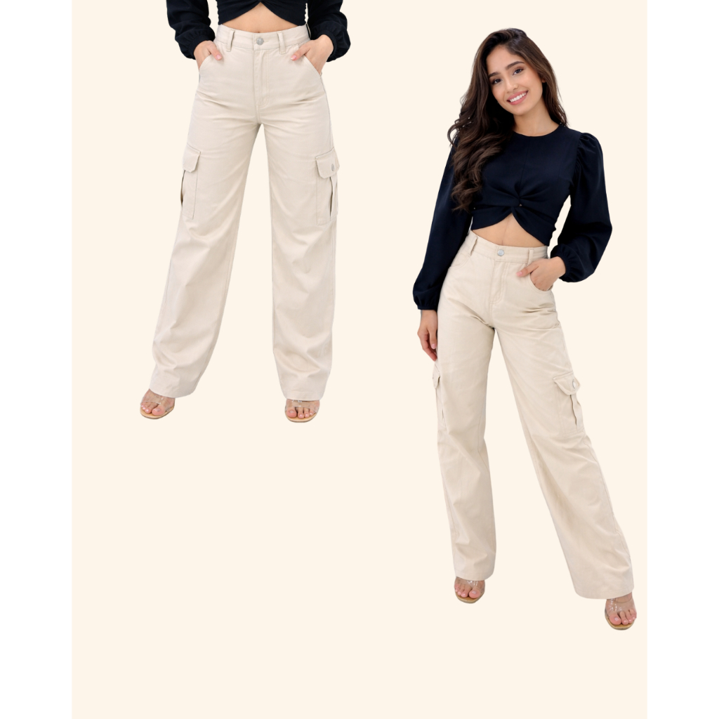 Calça Cargo bege feminina Juvenil Wide leg bolsos laterais moderna confortável estilosa em Oferta na Shopee
