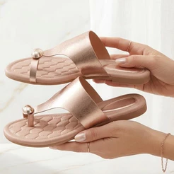 Rasteirinha De Dedo Feminina Elegante Confortável Sandália Rasteira Chique Anel Esfera Metalizada Antiderrapante