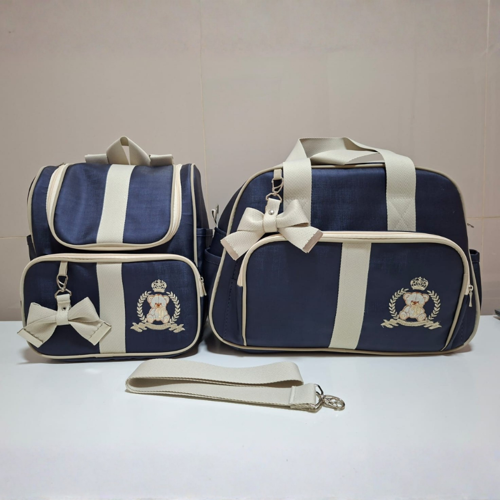 Kit Bolsa de Bebê e Mochila Maternidade Luxo Urso Rei Azul Marinho