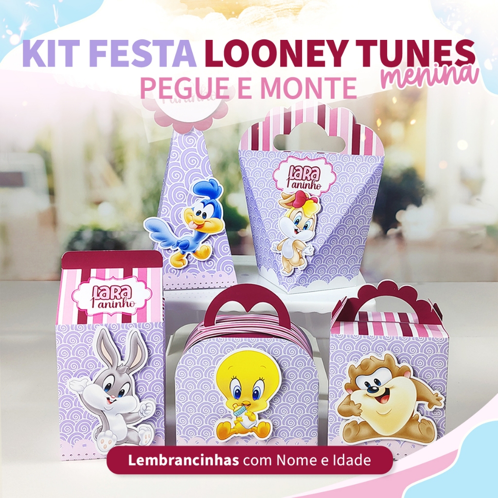 10 Caixinhas Kit Festa Looney Tunes Baby Menina Pegue e Monte Personalizado Lembrancinhas Aniversário