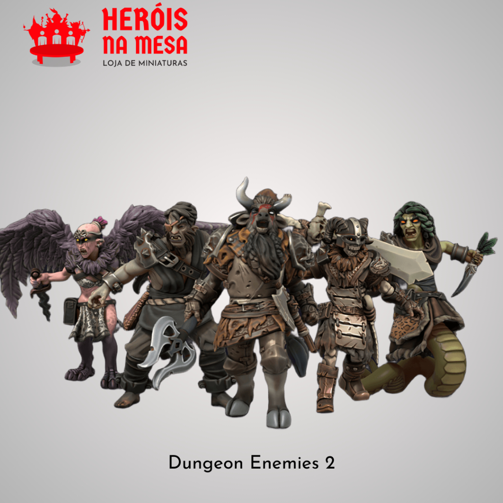 Kit Dungeon Enemies 2 Miniaturas RPG em Resina | Harpia, Troll, Minotauro, Naga e Esqueleto | Heróis na Mesa