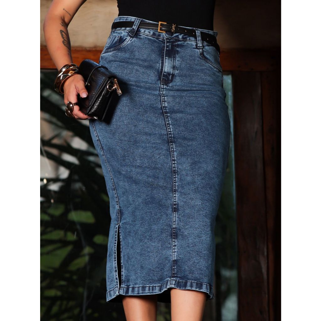 Saia Midi Jeans Com Fendas Laterais Com Lycra Modesta Culto em Oferta na Shopee