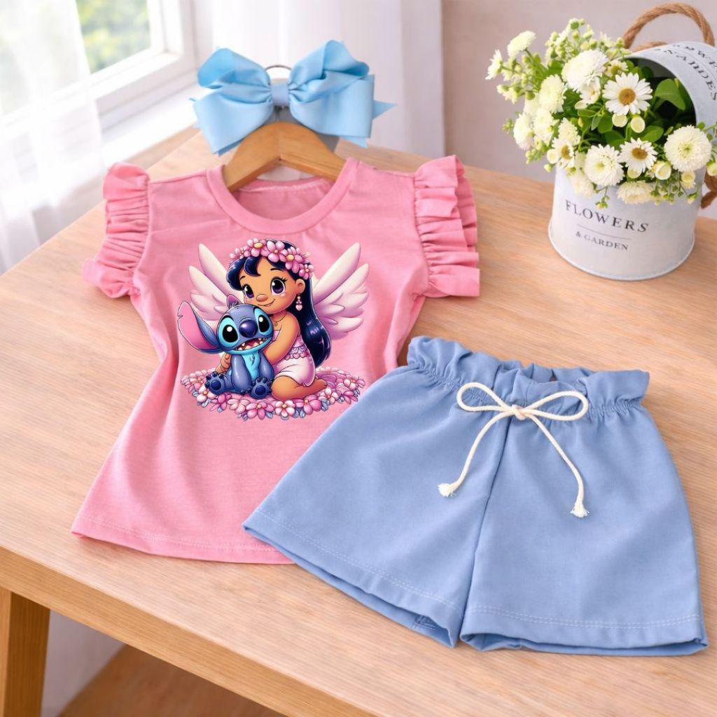 Conjunto Infantil Menina Fashion Trend Blusa Rosa Bebê Babado Menina Fofa + Short Azul Bebê Look Infantil Anjinho Stitch
