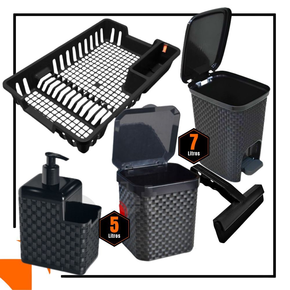Kit Cozinha Lixeira 7 Litros + Lixeira 5 Litros + Porta Dergentente + Rodo + Escorredor 5/4/3 peças